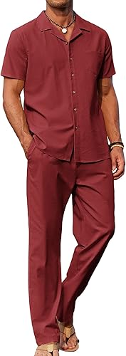 Men 2 Piece Linen Outfit Beach Button Down Shirt Casual Loose Pant Sets