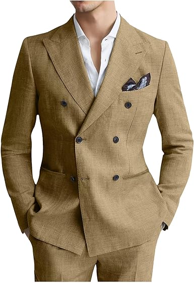 Linen Mens Suit 2 Piece Double Breasted Suit Blazer Pants Set Slim Fit Casual Summer Beach Wedding Linen Tuxedo Men