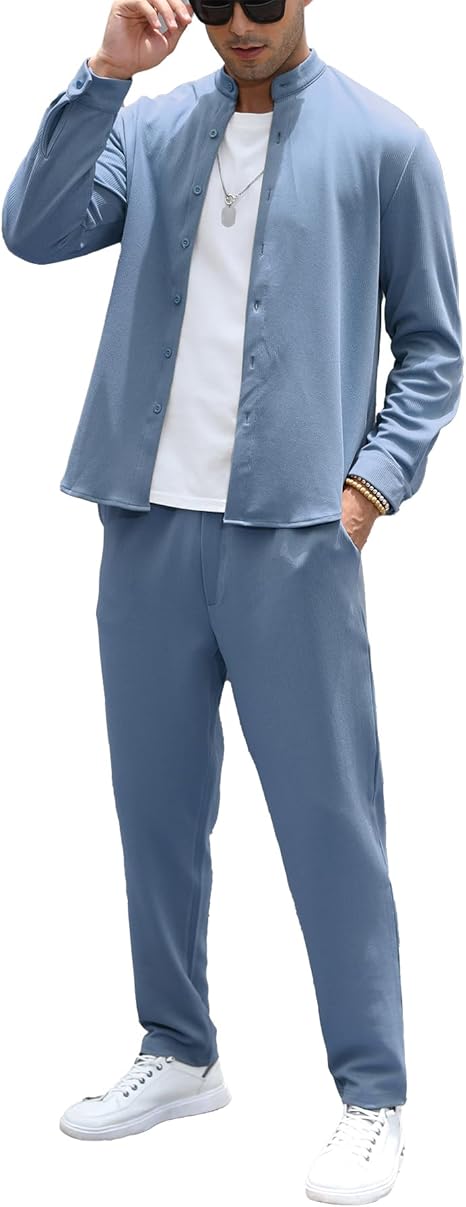 Fashion Men's Outfits 2 Piece Casual Tracksuits Long Sleeve Button Down Shirt and Pant Sets for Men Set