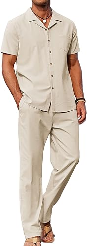 Men 2 Piece Linen Outfit Beach Button Down Shirt Casual Loose Pant Sets