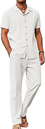 Men 2 Piece Linen Outfit Beach Button Down Shirt Casual Loose Pant Sets