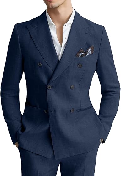 Linen Mens Suit 2 Piece Double Breasted Suit Blazer Pants Set Slim Fit Casual Summer Beach Wedding Linen Tuxedo Men