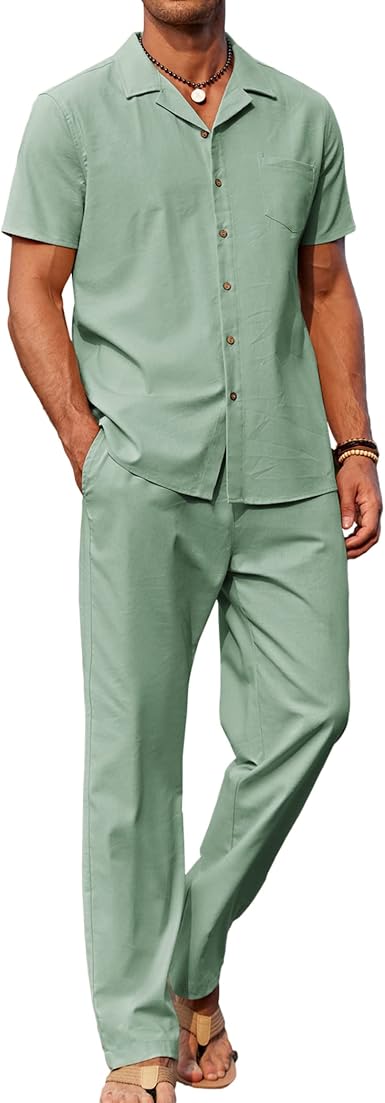 Men 2 Piece Linen Outfit Beach Button Down Shirt Casual Loose Pant Sets