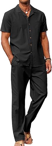 Men 2 Piece Linen Outfit Beach Button Down Shirt Casual Loose Pant Sets