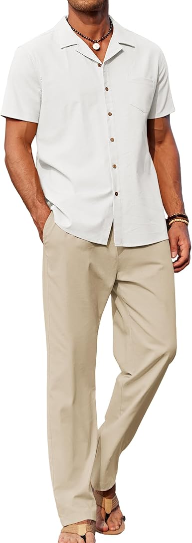 Men 2 Piece Linen Outfit Beach Button Down Shirt Casual Loose Pant Sets