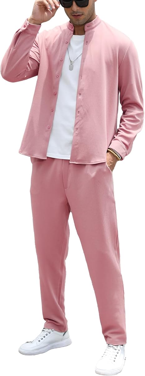Fashion Men's Outfits 2 Piece Casual Tracksuits Long Sleeve Button Down Shirt and Pant Sets for Men Set