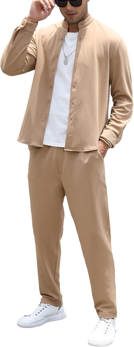 Fashion Men's Outfits 2 Piece Casual Tracksuits Long Sleeve Button Down Shirt and Pant Sets for Men Set