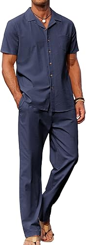 Men 2 Piece Linen Outfit Beach Button Down Shirt Casual Loose Pant Sets