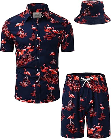 Mens Luxury Outfit Set Black Gold Shirts And Shorts 2 Piece Tracksuit Set Baroque Button Down Suit with Bucket Hats
