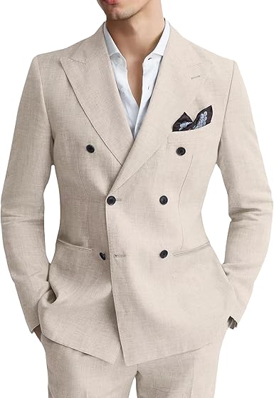 Linen Mens Suit 2 Piece Double Breasted Suit Blazer Pants Set Slim Fit Casual Summer Beach Wedding Linen Tuxedo Men
