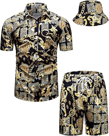 Mens Luxury Outfit Set Black Gold Shirts And Shorts 2 Piece Tracksuit Set Baroque Button Down Suit with Bucket Hats