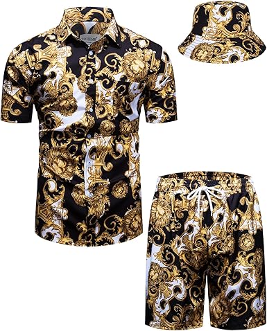 Mens Luxury Outfit Set Black Gold Shirts And Shorts 2 Piece Tracksuit Set Baroque Button Down Suit with Bucket Hats