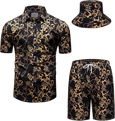 Mens Luxury Outfit Set Black Gold Shirts And Shorts 2 Piece Tracksuit Set Baroque Button Down Suit with Bucket Hats