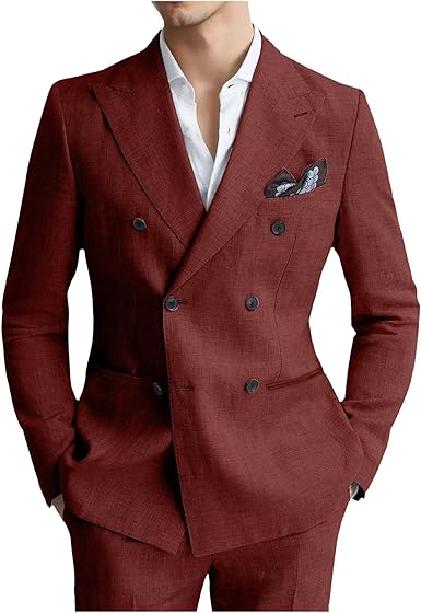 Linen Mens Suit 2 Piece Double Breasted Suit Blazer Pants Set Slim Fit Casual Summer Beach Wedding Linen Tuxedo Men