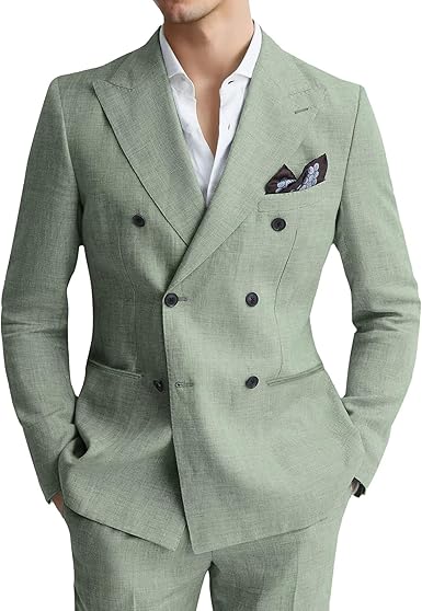 Linen Mens Suit 2 Piece Double Breasted Suit Blazer Pants Set Slim Fit Casual Summer Beach Wedding Linen Tuxedo Men