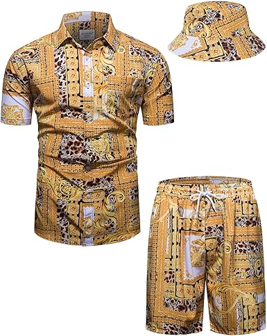 Mens Luxury Outfit Set Black Gold Shirts And Shorts 2 Piece Tracksuit Set Baroque Button Down Suit with Bucket Hats