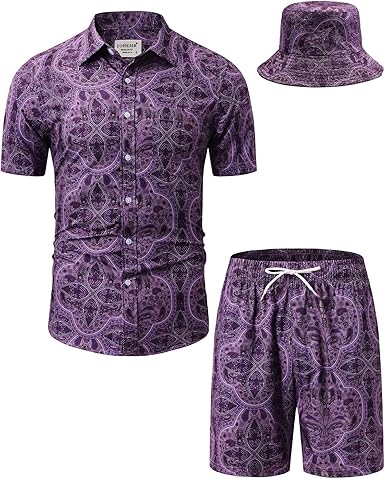 Mens Luxury Outfit Set Black Gold Shirts And Shorts 2 Piece Tracksuit Set Baroque Button Down Suit with Bucket Hats