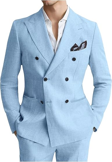 Linen Mens Suit 2 Piece Double Breasted Suit Blazer Pants Set Slim Fit Casual Summer Beach Wedding Linen Tuxedo Men