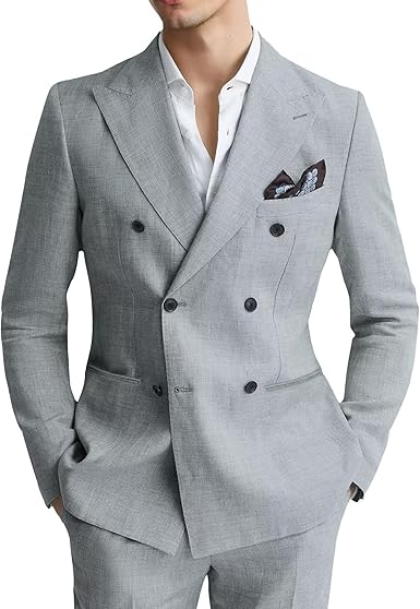 Linen Mens Suit 2 Piece Double Breasted Suit Blazer Pants Set Slim Fit Casual Summer Beach Wedding Linen Tuxedo Men